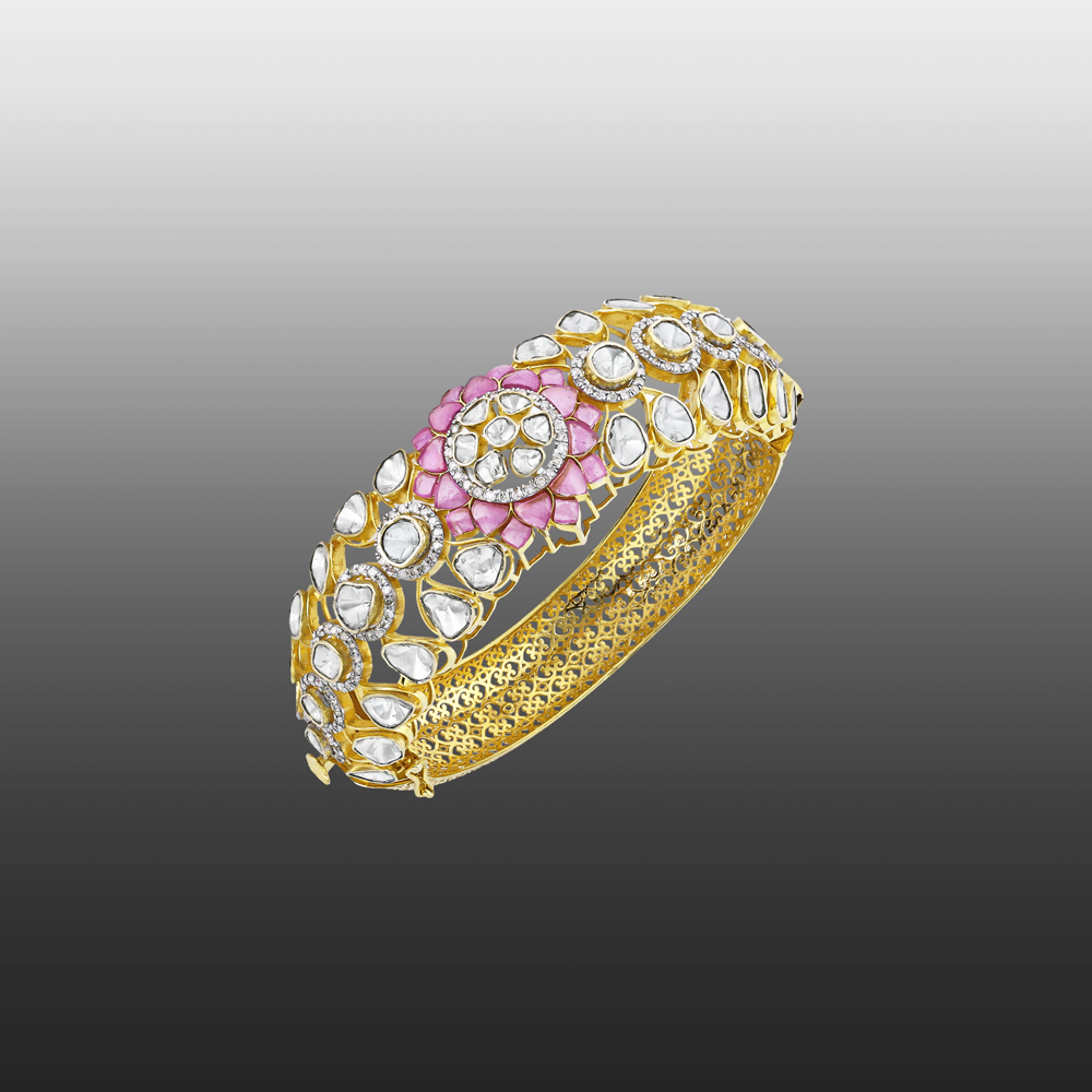 Bangle with Polki and Pink Talaf Floral Motif